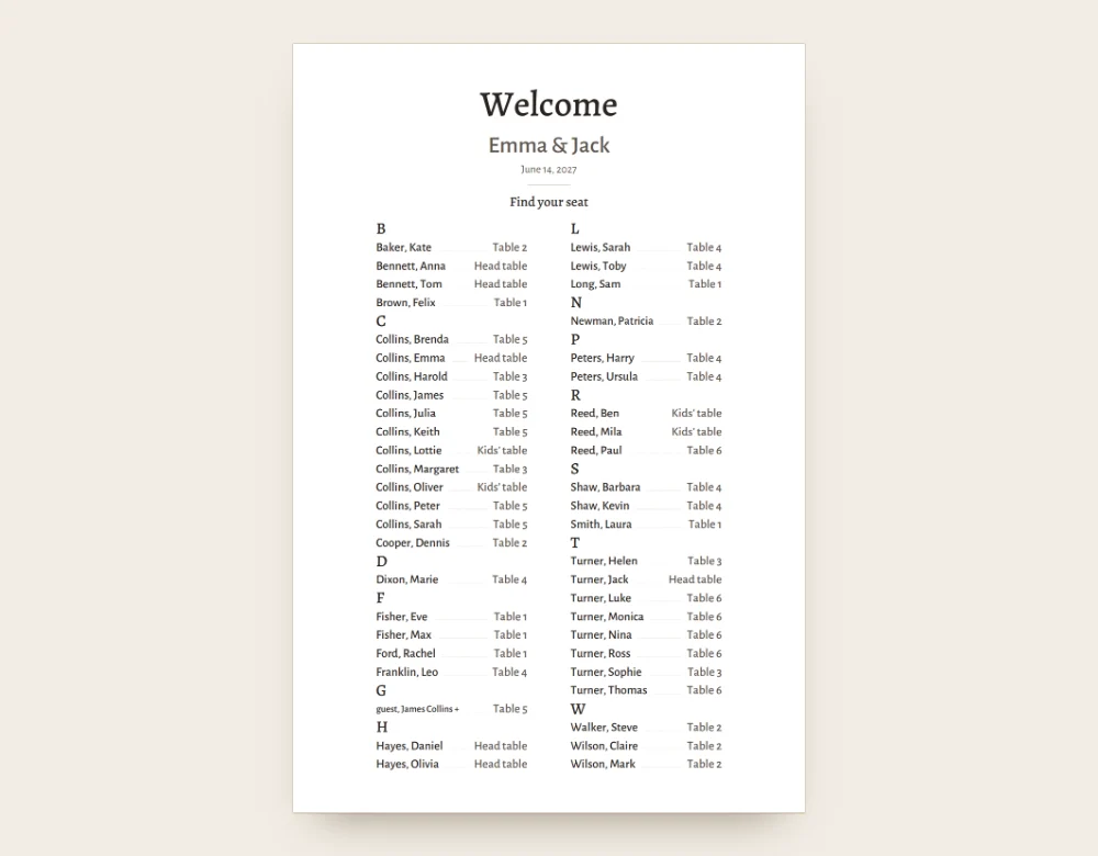 Seating chart poster in A to Z order, a find-your-table list of guest names
