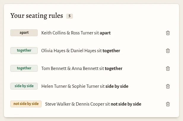 Seating rules in Seating Solver, including a rule that two guests sit apart