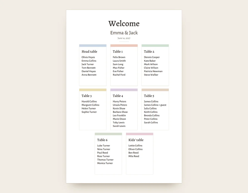Seating chart poster listing guests by table, with the title Welcome and a colored band on each table