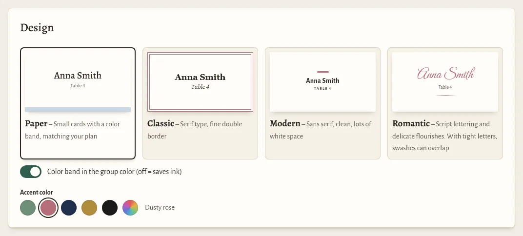 Choosing a print design and accent color in the Print step: Classic, Modern and Romantic with color dots