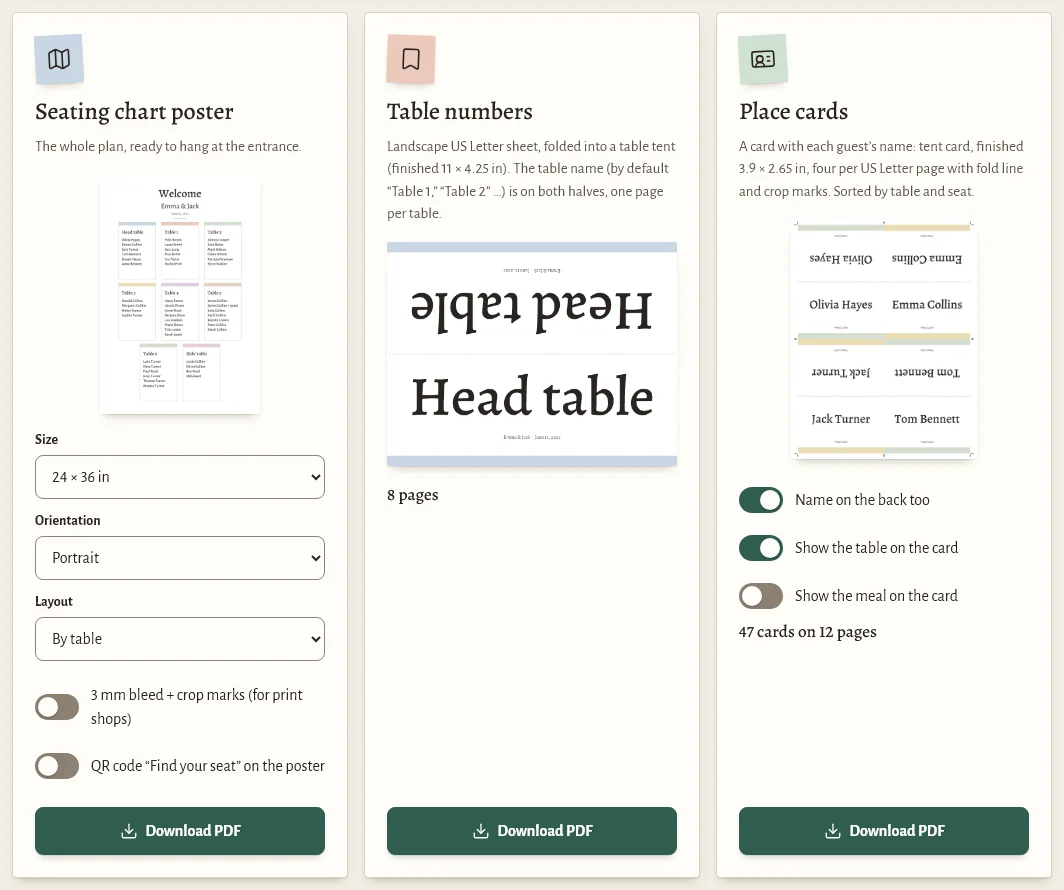The Print step with the tiles Seating chart poster, Table numbers and Place cards for PDF export on US Letter