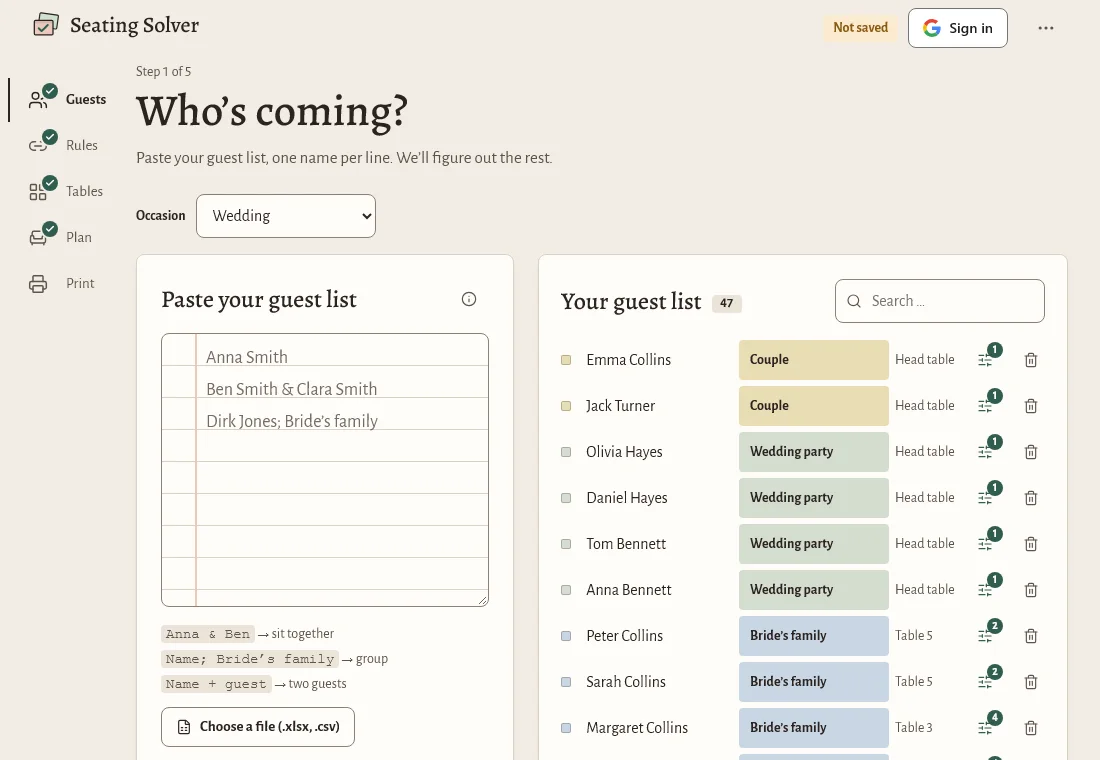 Step 1, Guests: a box for pasting the guest list and the list of recognized guests in Seating Solver