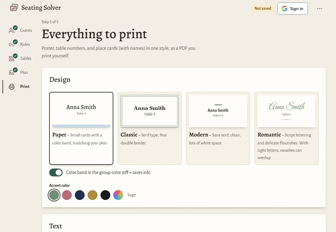 Step 5, Print: choosing a design and accent color, with the seating chart poster, table numbers and place cards