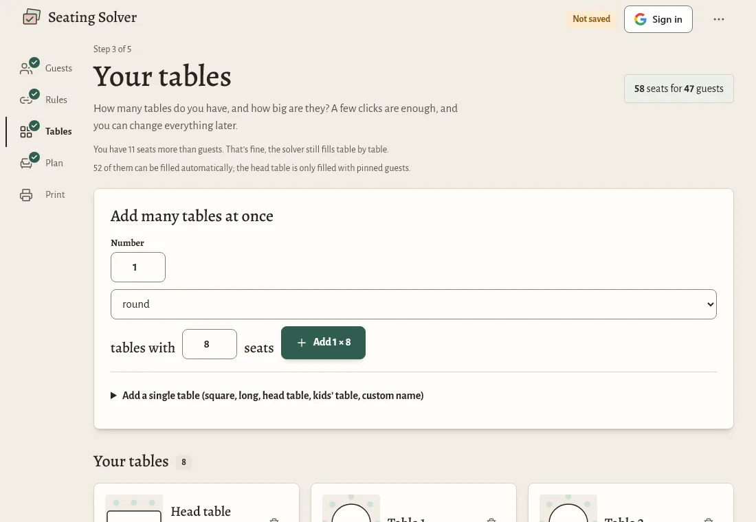 Step 3, Tables: tiles for round and long tables with the number of seats
