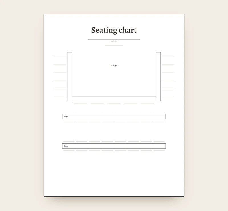 Blank seating chart template on US Letter with a U-shaped table and long tables and lines for names