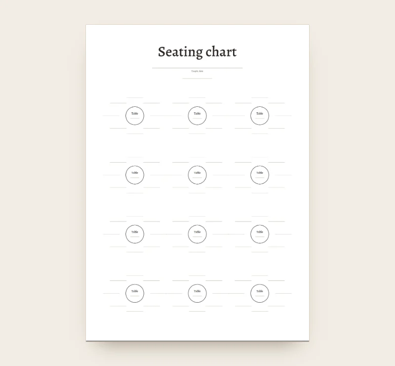 Blank table plan template on A4 with twelve round tables and lines for names