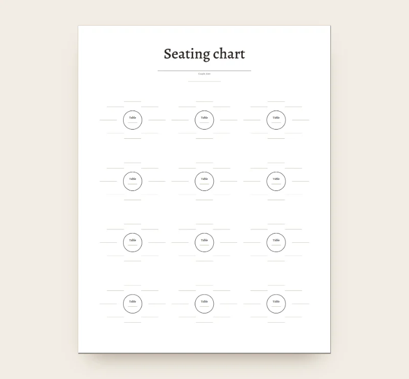 Blank seating chart template on US Letter with twelve round tables and lines for names